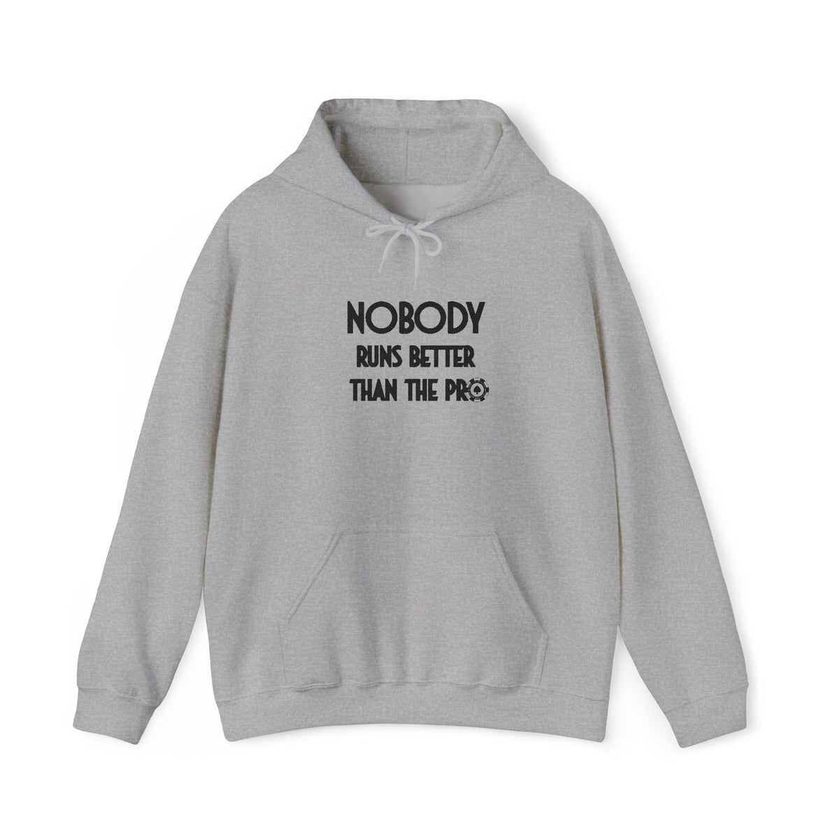Nobody Runs Better Than The Pro embroidered poker hoodie in sport grey, front view