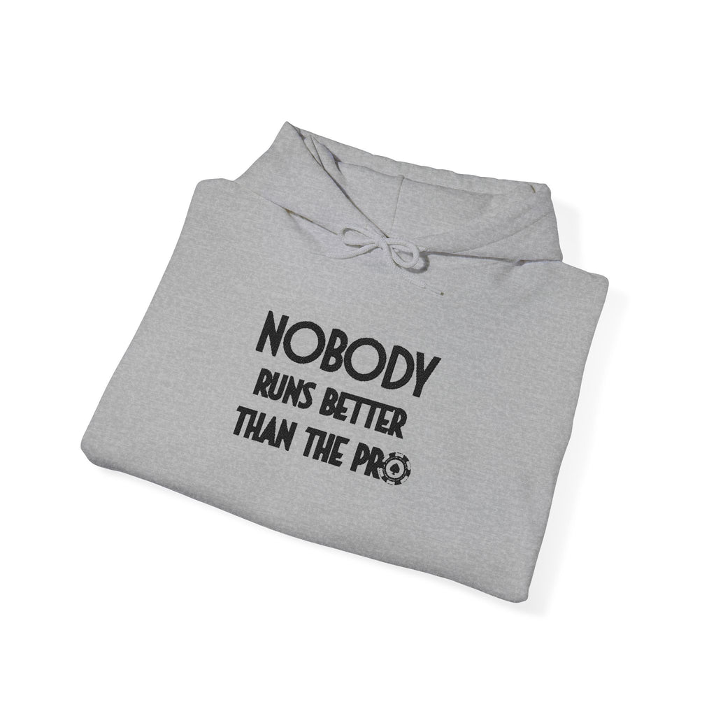 Nobody Runs Better Than The Pro embroidered poker hoodie in sport grey, folded detail view of chest embroidery