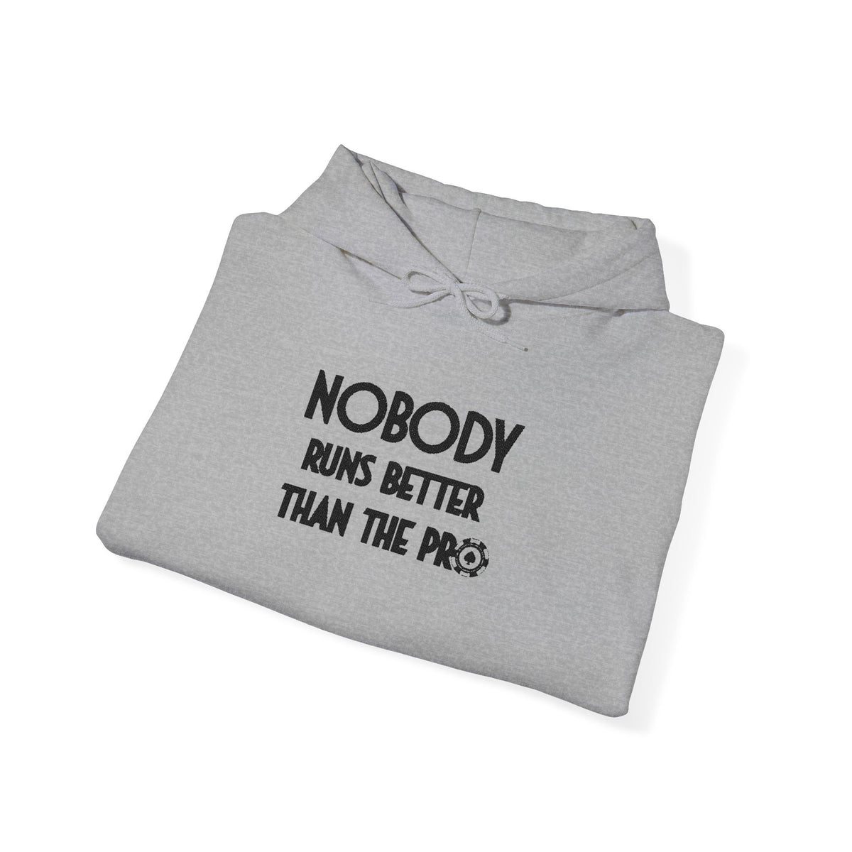 Nobody Runs Better Than The Pro embroidered poker hoodie in sport grey, folded detail view of chest embroidery